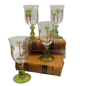 Studio Nova Wine Glasses Goblets Etched Palm Tree Design Beach Tropical Tiki